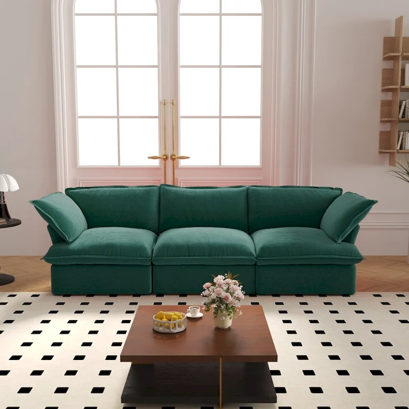 3-Seater Velvet Cloud Sectional Sofa, Down Feather Wide Deep Seat Modular Couch