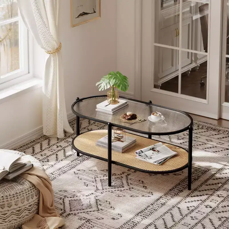 37 Oval Coffee Table with Rattan Storage Shelf, 2-Tier Metal Frame Mid Century Modern Center Tables for Living Room, Office, Small Space