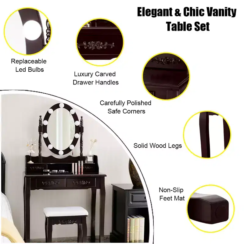 Costway Vanity Table Table 10 Dimmable Bulbs Black White Brown