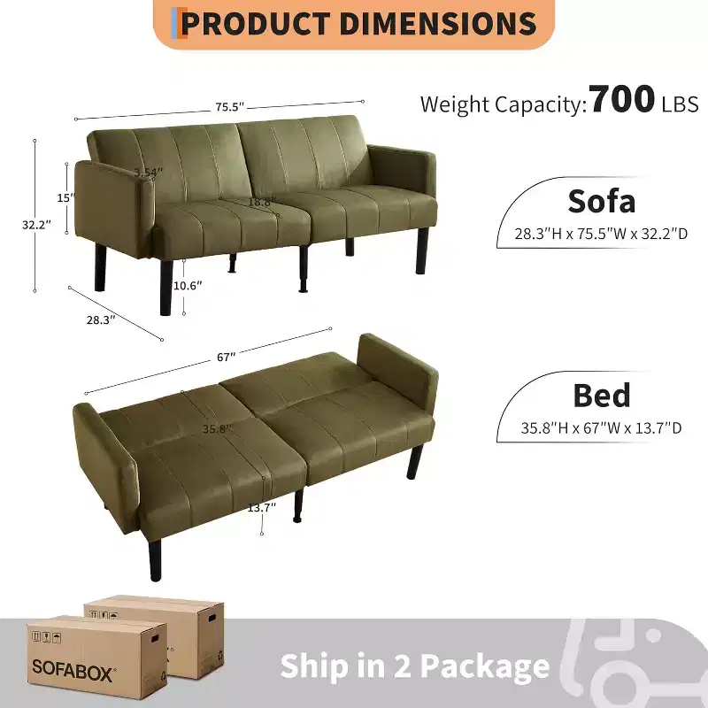 75.5 Futon Sofa Bed with Wooden Frame - Linen Flannel Loveseat Couch Bed, Vertical Pattern, Multi-Functional for Living Room
