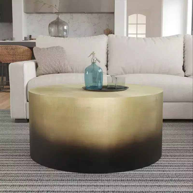 Royal Hampton Round Drum Shape Coffee Table, Antique Brass Ombre, 34.5 Inch -