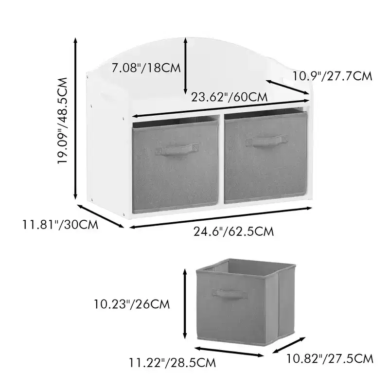 Kids Wooden Toy Box/Bench with Collapsible Fabric Drawers - White