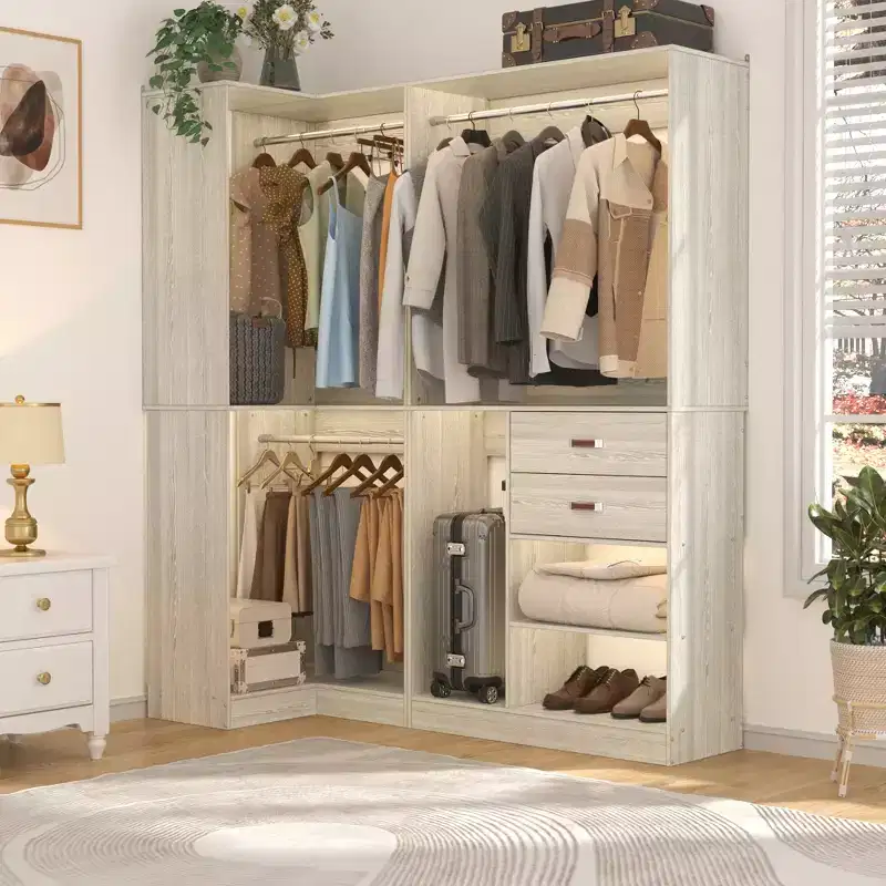 71-Inch Freestanding Corner Closet Organizer System with Wood Drawers and Hanging Rods