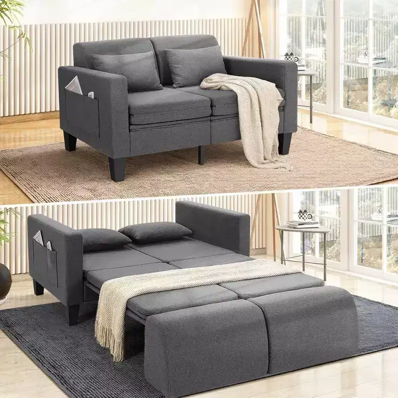 Homdox 6-in-1 Convertible Sofa Bed, 58 Loveseat Sleeper w/ Pull Out Bed, Storage Pockets & 2 Pillows, Modern Linen Futon