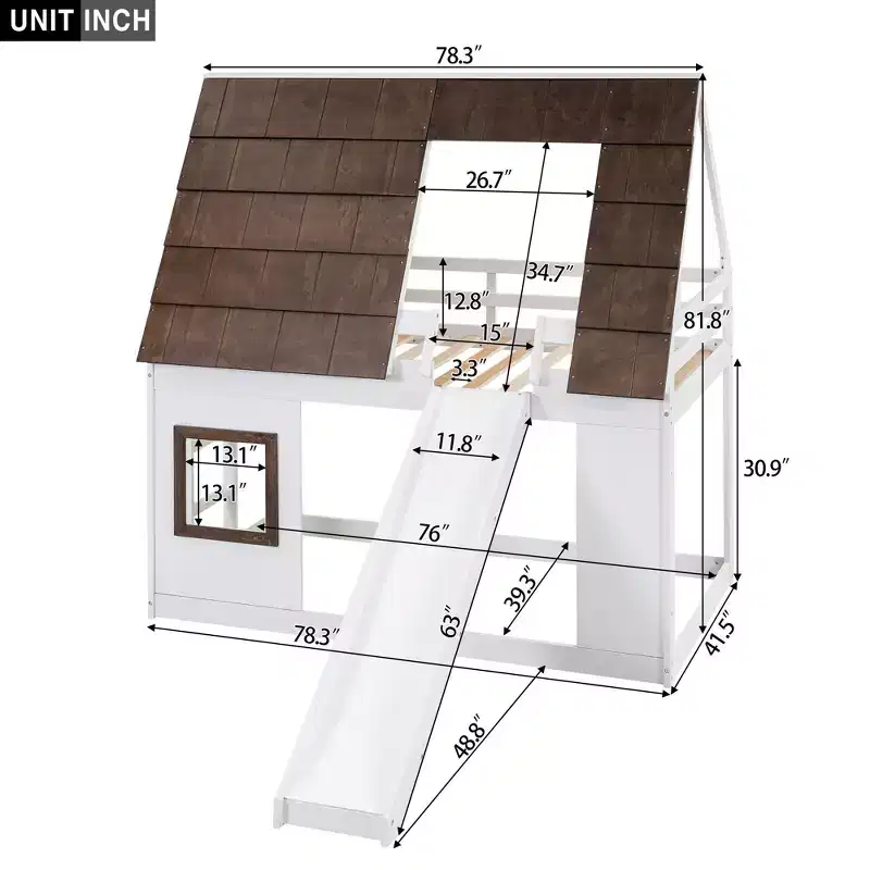 Twin Size House Bunk Bed with Roof, Window, Ladder and Slide, White+Brown