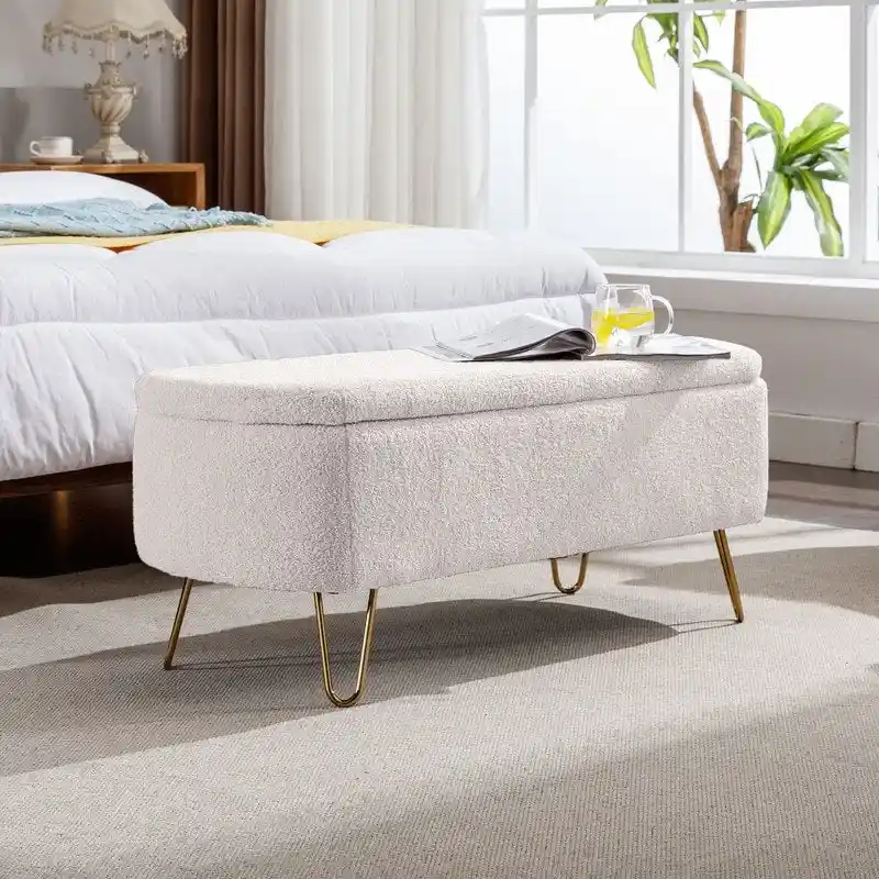 Modern Fuzzy Storage Bench, Upholstered Ottoman with Storage Space and Gold Legs, End of Bed Bench, Footrest Stool