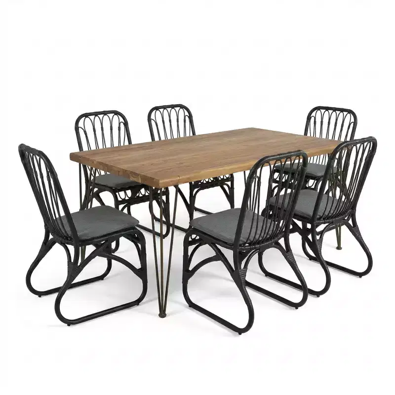Christopher Knight Home Zion Modern 7 Piece Patio Acacia Wood Dining Table with Iron Rattan Chairs