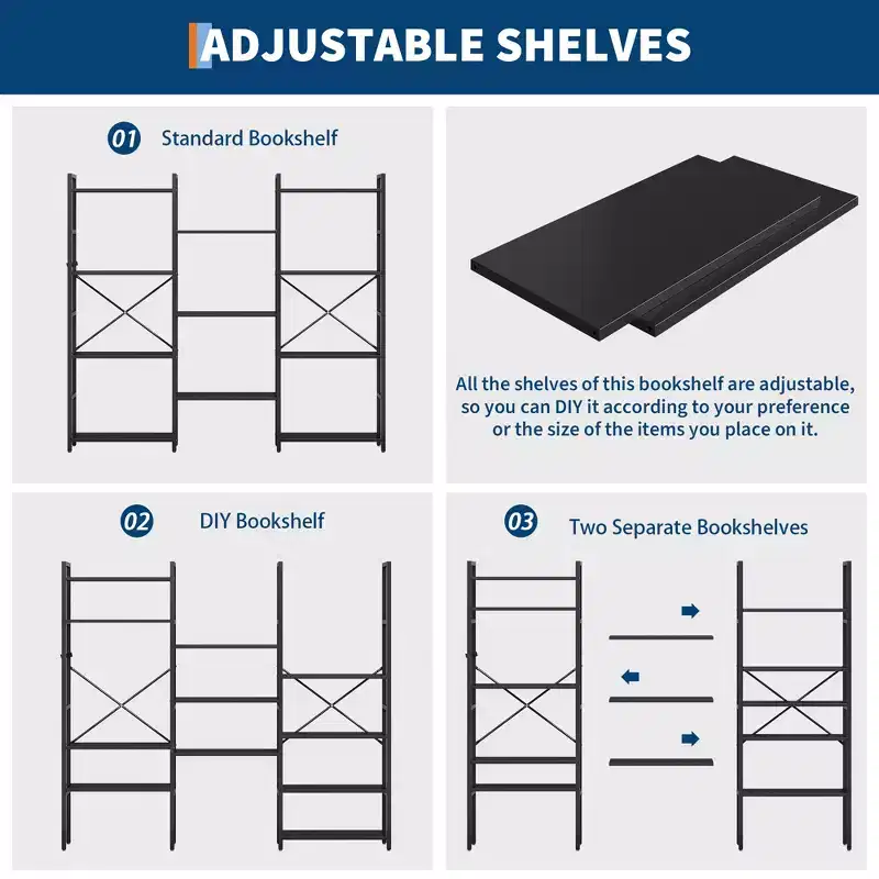 Industrial-style adjustable-shelf bookcase with open display tiers, suitable for living rooms, homes, and offices