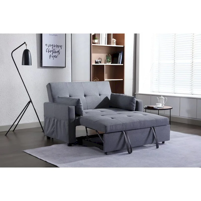 Light Grey Linen Fabric 3-In-1 Convertible Sleeper Loveseat With Side Pocket