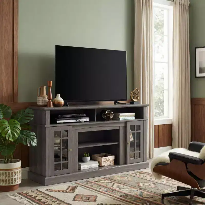 JVNOXK Classic TV Media Stand Modern Entertainment Console for TV Up to 65 with Open and Closed Storage Space, Dark Walnut/Black