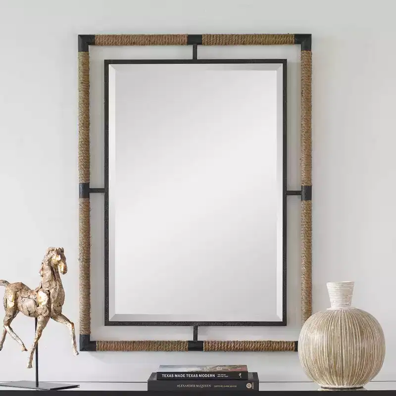 Uttermost Rectangular Vanity Decorative Wall Mirror Modern Beveled Rust Black Natural Rope Forged Iron Frame 28 Wide for Bathroom