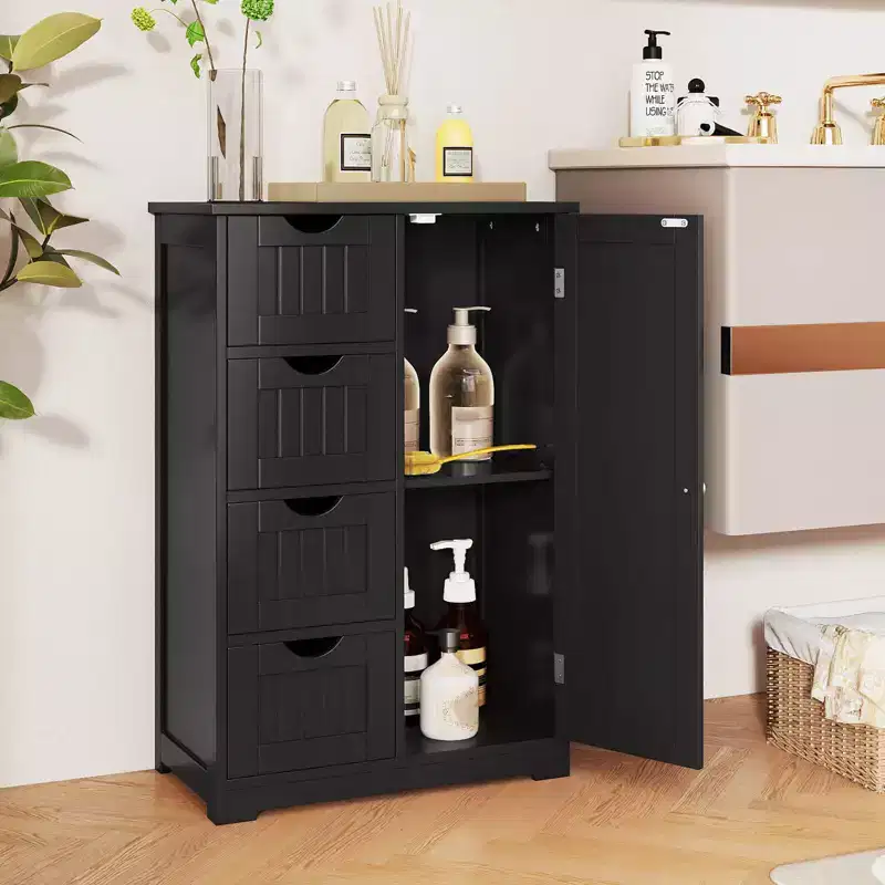 Costway Wooden 4 Drawer Bathroom Floor Cabinet Storage Cupboard 2 Shelves Free Standing White/Brown/Grey/Black