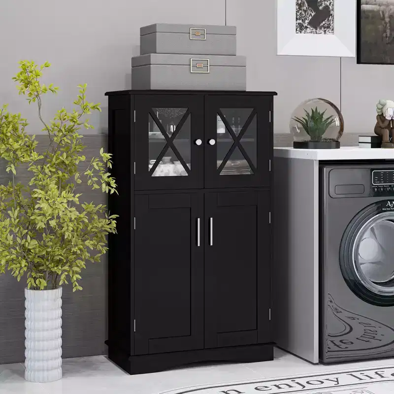 Bathroom Storage Cabinet Linen Storage Cabinet with Doors and Adjustable Shelves Black/Grey/Brown/White