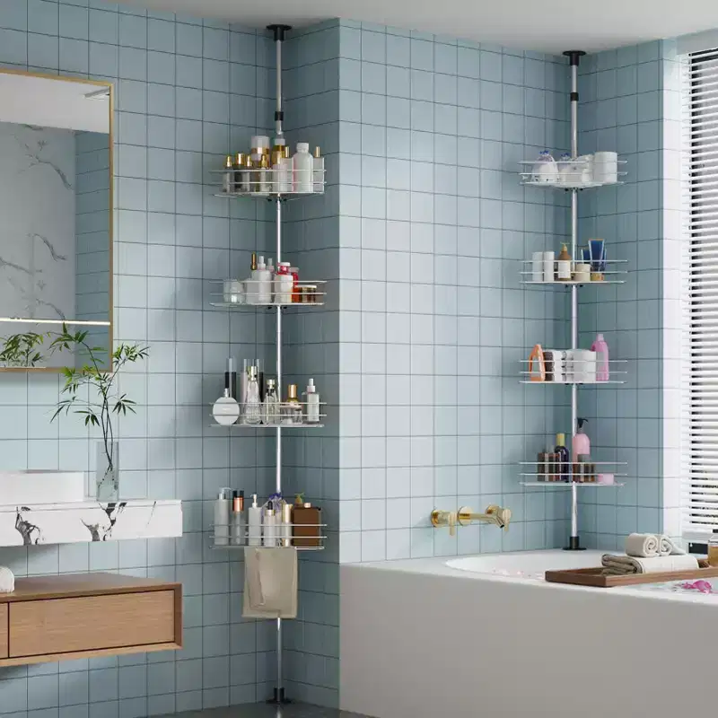 Tension Pole Shower Caddy, Corner Shower Caddies with 4 Basket Shelves & Built-In Towel Bars, Rustproof Bathroom Shower Organizer Adjustable 75-110