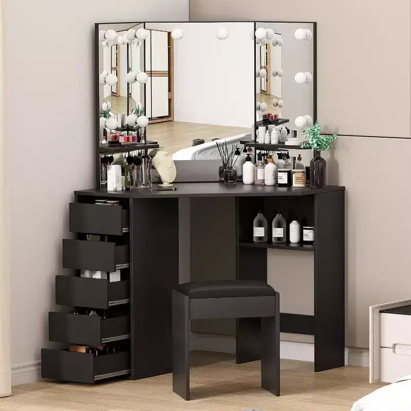 Corner Vanity Desk with Mirror, Makeup Table Set, Cushioned Stool, 5 Drawers and Storage Shelves, Bedroom Dressing Table for Women, Black