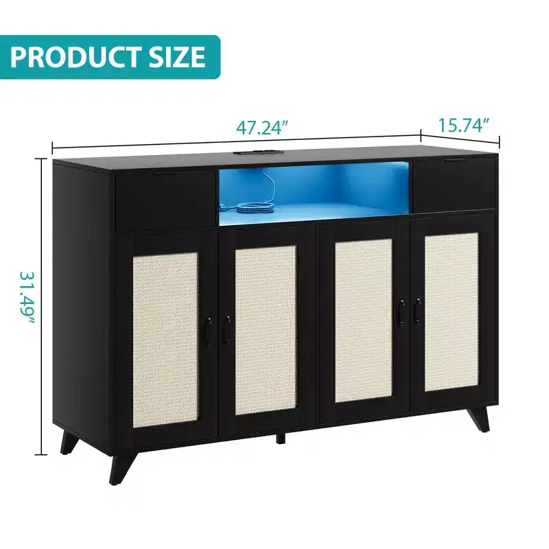 2-Drawer Rattan Cabinet with Storage, Boho Sideboard Buffet with Wood Frame for Living Room Dining Room Hallway