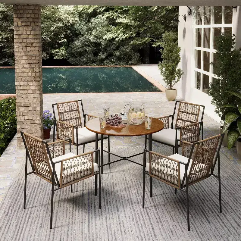 LAUSAINT HOME 5 Piece Outdoor Patio Dining Set, PE Rattan Patio Furniture Set with 4 Cushioned Armchairs & Umbrella Hole