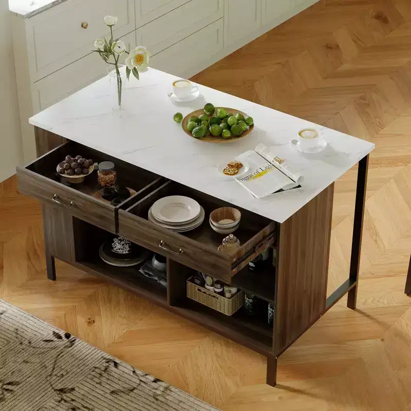 Kitchen Island Cart with Marble Countertop, 2 Drawers, 6 Shelves and Metal Legs, All-in-One Storage