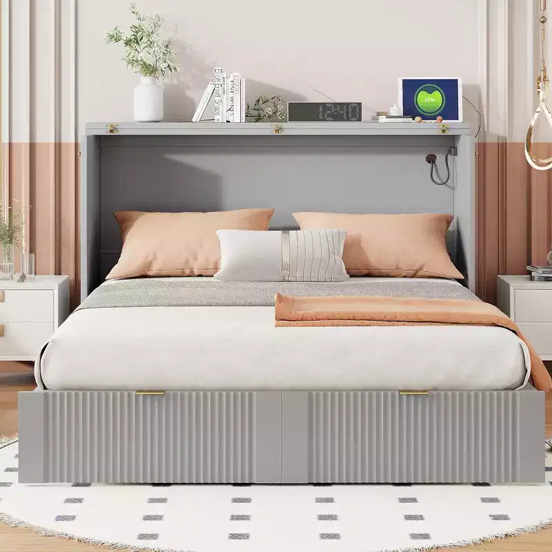 Full Size Murphy Bed with Drawer and Sockets & USB Ports, Pulley Structure Design