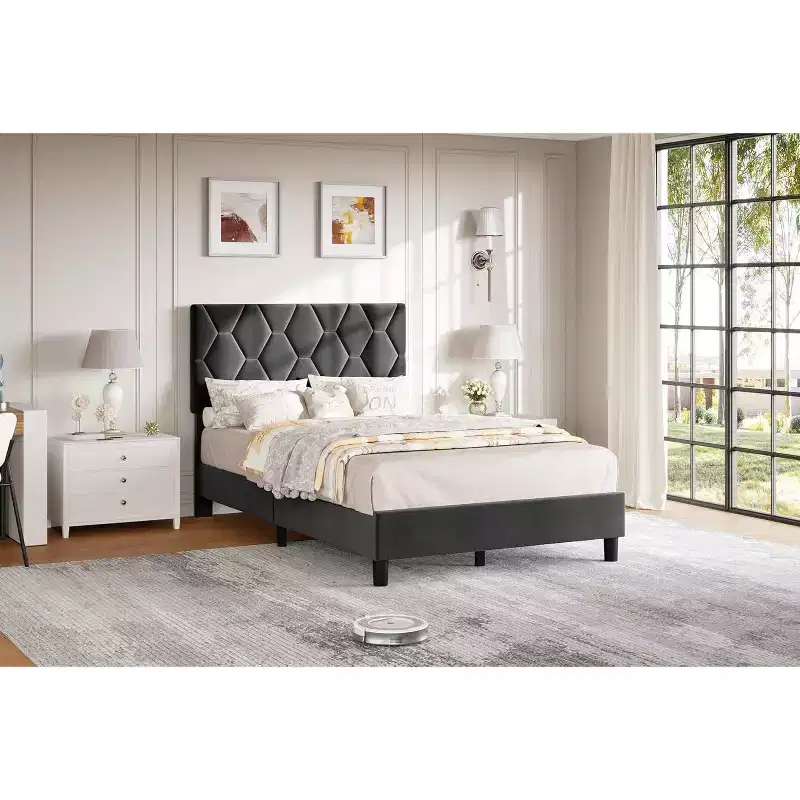 Twin XL Platform Bed Frame with Adjustable Headboard and Upholstered Headboard, Strong Wood Slat Support,Easy installation,Grey