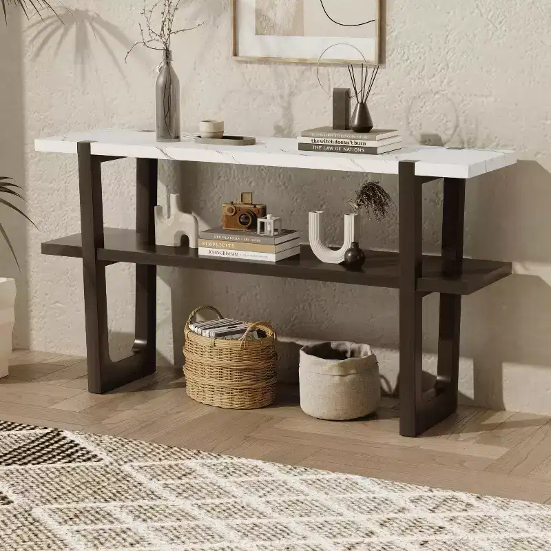 MAYEERTY Console Table with Marble Effect Top Open Shelf For Hallway Living Room Espresso