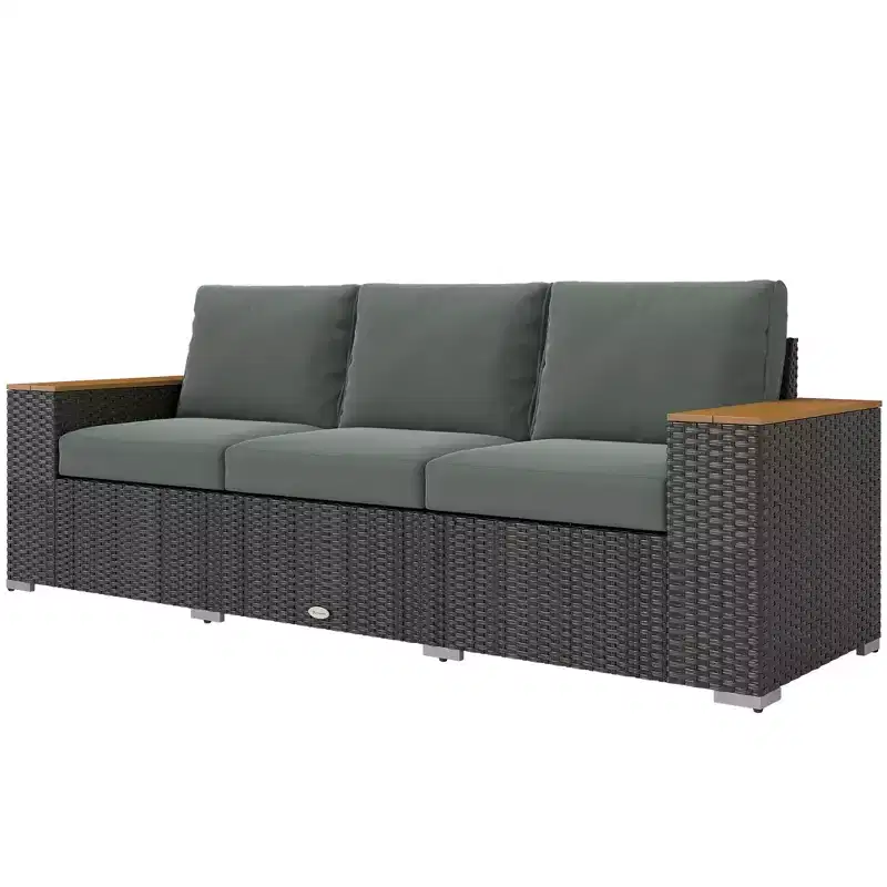 3-Seat Outdoor Patio Sofa with Cushions, PE Rattan Wicker Sofa with Wide Armrests, Outdoor Wicker Couch