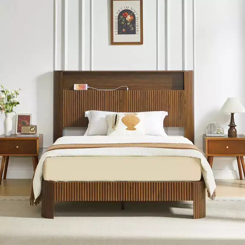 JVNOXK 84-inch Extra-Large and Extended Bed Frame with Storage Headboard, Built-in Charging Station, Wave-Curved Design, Walnut Finish