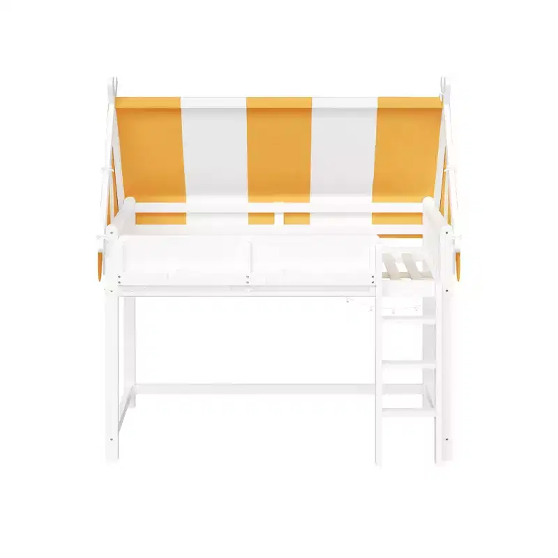 Polibi Canopy Loft Bed with LED String Lights & Front Bookshelf