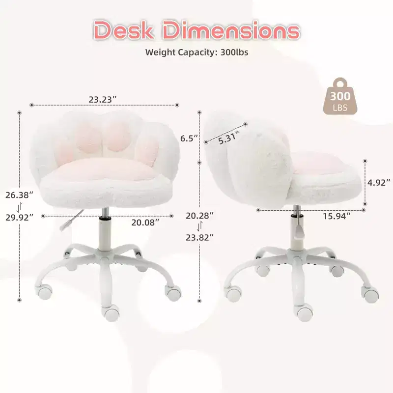 White Cat Paw Rolling Vanity Chair C 360 Swivel Adjustable Height with Plush Cushion & Wheels C For Bedroom, Makeup Room & Home Office