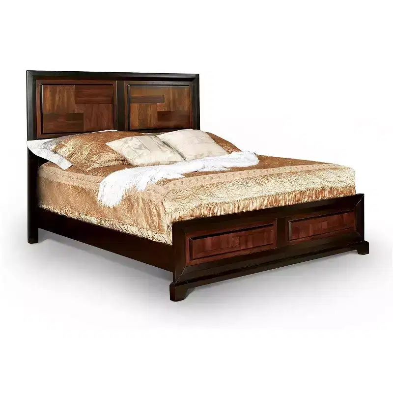 GDFStudio Ben Transitional Acacia Solid Wood Queen Bed with Parquet Design Headboard
