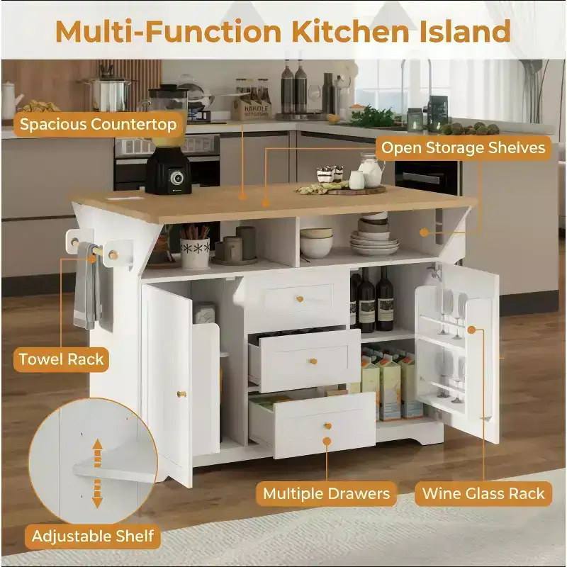 Rolling Kitchen Island with Power Outlet, Spice Rack & 2 Drop Leaf