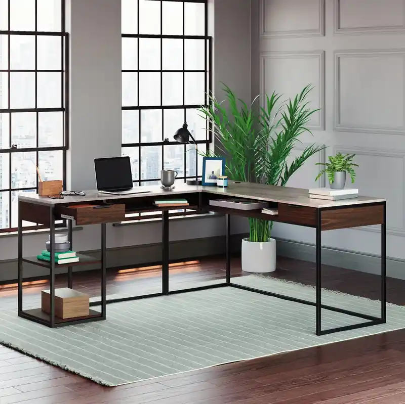 65.98 L-Shaped Office Desk with 2-Drawers, Cubbyholes & Shelves - Umber Wood