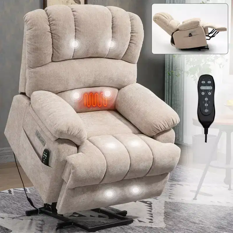 23 Seat Width and High Back Large Size Blue Grey Chenille Power Lift Recliner Chair with 8-Point Vibration Massage and Lumbar Heating