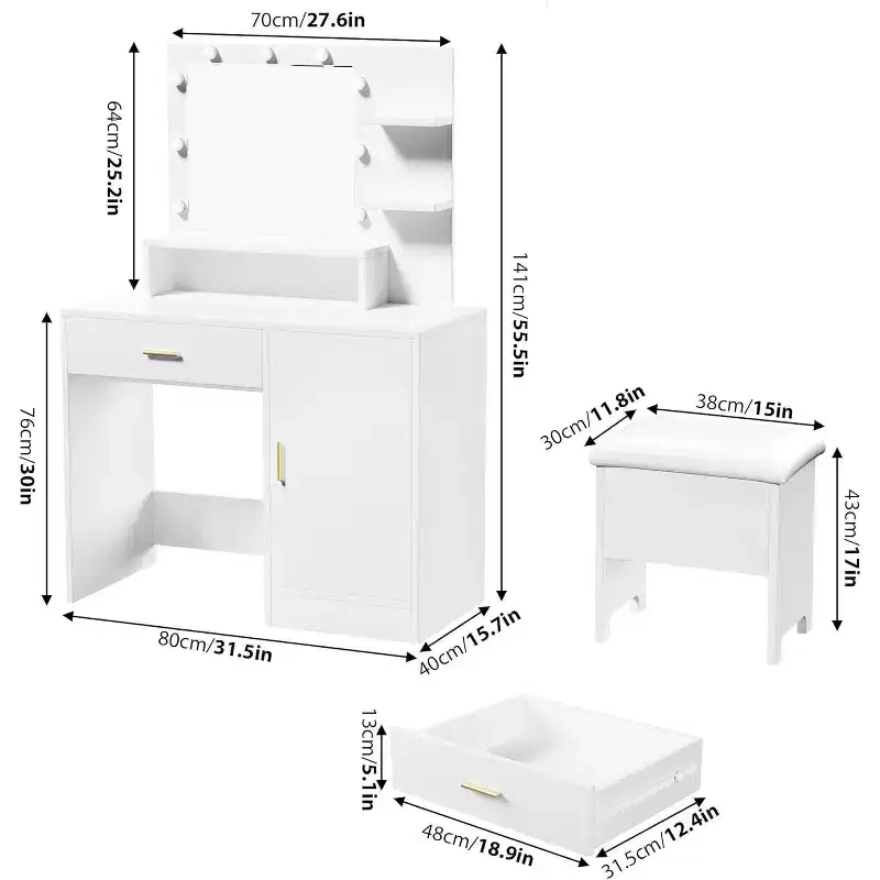 Vanity Desk with Mirror, Makeup Vanity Desk with Large Drawers, Dressing Table with Three Level Storage & Tiers of Open Shelves for Bedroom, White