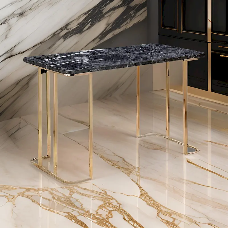 Jenny 47 Inch Desk, USB Power Outlet, Gold Metal Legs, Black Faux Marble
