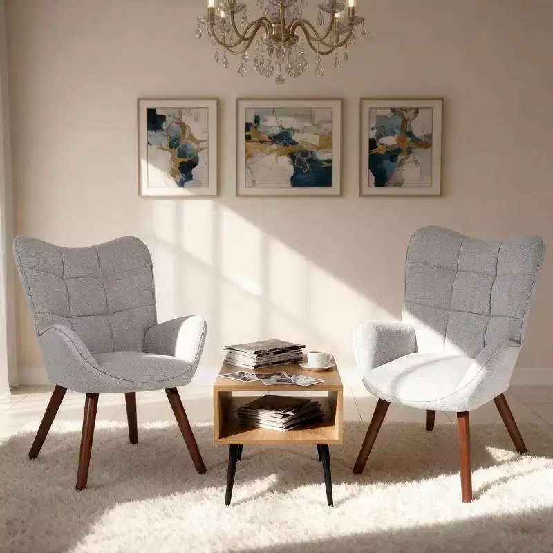 Upholstered Dining Chairs, Mid Century High Back Chairs with Oak Legs, Farmhouse Style for Kitchen, Dining Room, Living Room, Restaurant