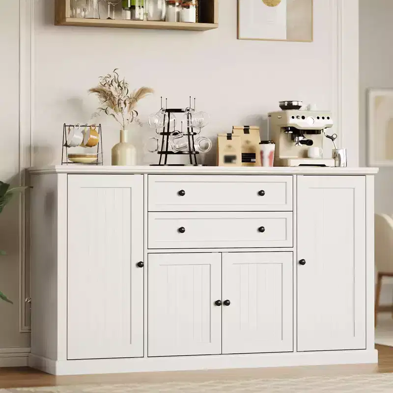 TROPOW 58 Sideboard Buffet Cabinet with Storage with 4 Doors & 2 Drawers, Farmhouse Wood Cupboard Kitchen Pantry Storage Cabinet Coffee Bar Station