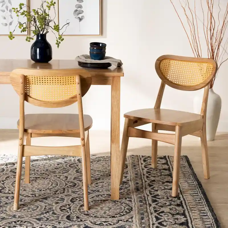 Nenet Mid-Century Modern Oak Brown Finished Wood and Rattan 2-Piece Dining Chair Set