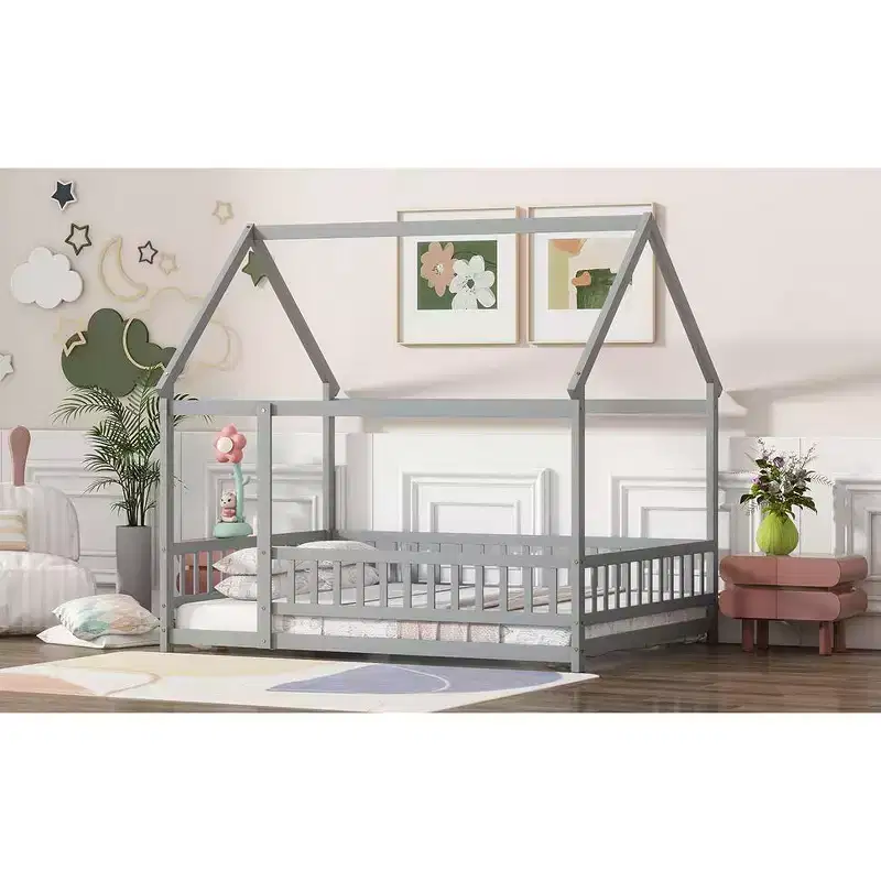 Floor Wooden Bed with Safety Guardrails – Gray
