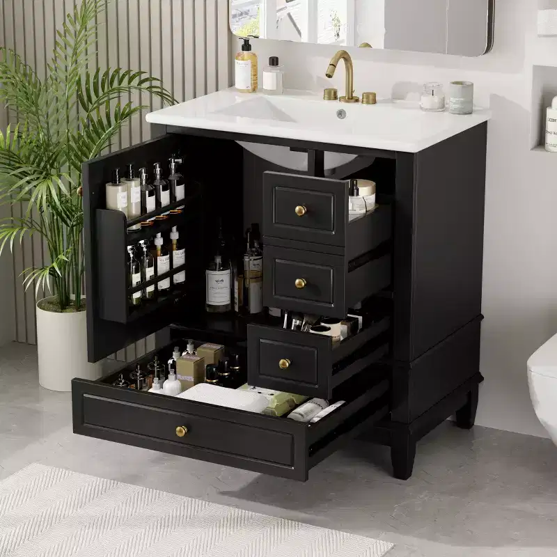 Okak 30 Inch Storage Cabinet Bathroom Vanity with Sink, One Door with Shelf and Three Drawers, Soft Close Door