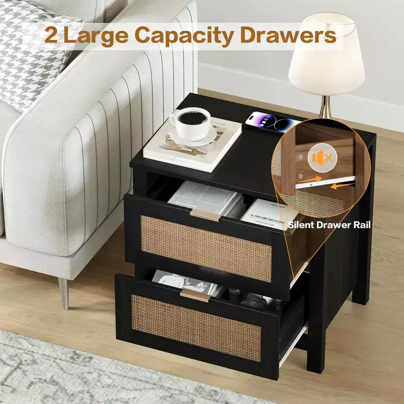TYBOATLE Set of 2 Rattan Nightstands with Wireless Charging Station, Mid-Century Modern End Tables with 2 Boho Woven Drawers, Wood Bedside Tables