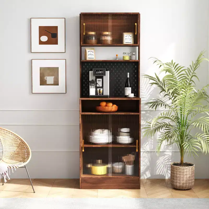 25.20 in. Modern Kitchen Pantry Cabinet with 2 Sliding Glass Doors and Storage Compartments