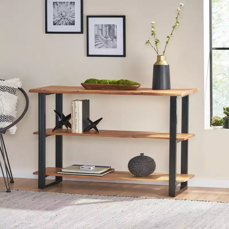Black & Brown Acacia Wood Iron Console Table, 1 Piece