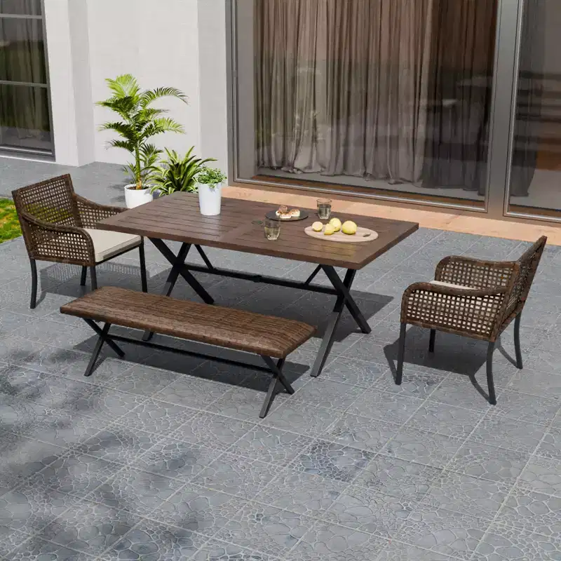 EAGLE PEAK Sienna Bay 4PCS Patio Wicker Dining Set w/ Soft Cushions Umbrella Hole