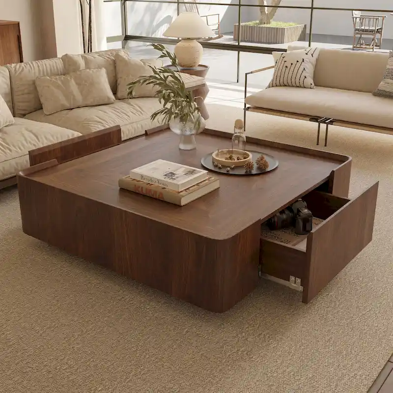 Mid-Century Modern Suqare Wood Finish Coffee Table with Drawers