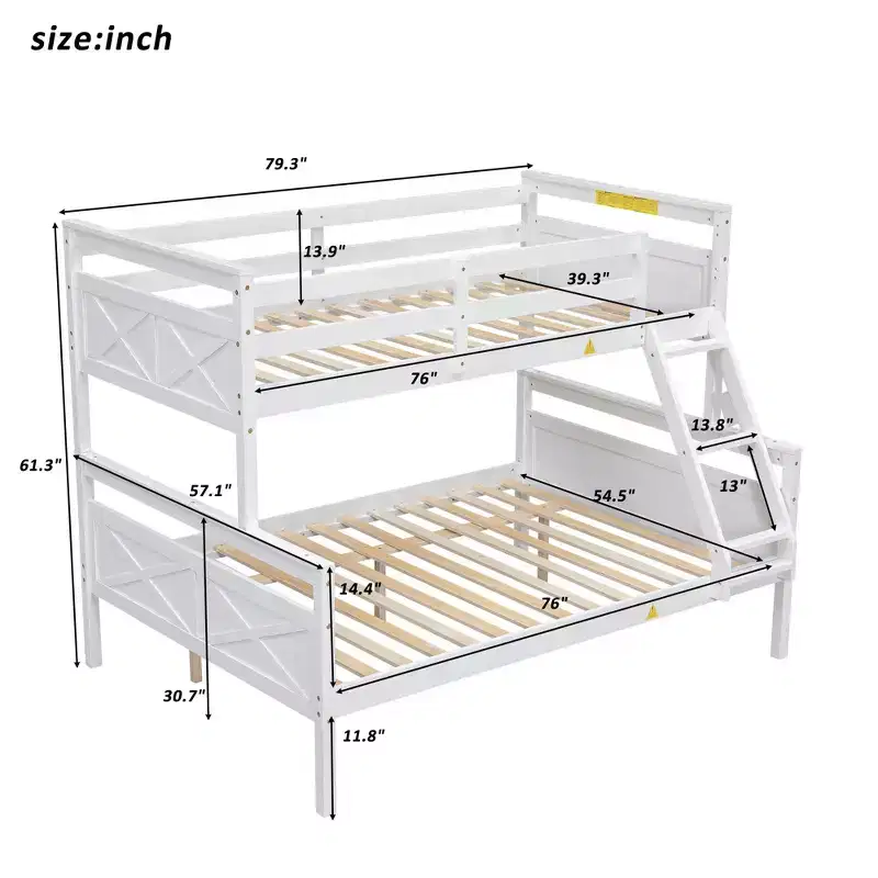 Twin Over Full Bunk Beds with High Guardrail, Headboard and Wide Ladder,Convertible to 2 Single Platform Bed,White