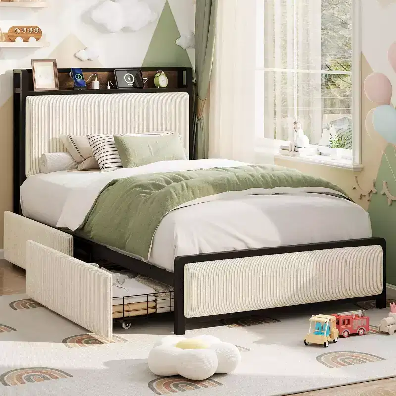 Twin-XL Size Bed Frame with Storage Headboard, Black Corduroy Upholstered Twin Platform Bedframe with Storage Drawers