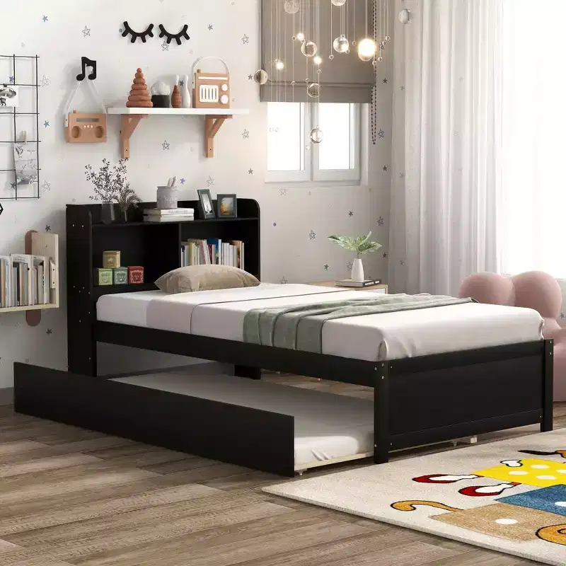 MAYEERTY Twin Platform Bed with Storage Headboard Pull Out Trundle Sturdy Pine Wood Bed for Living Room Brown