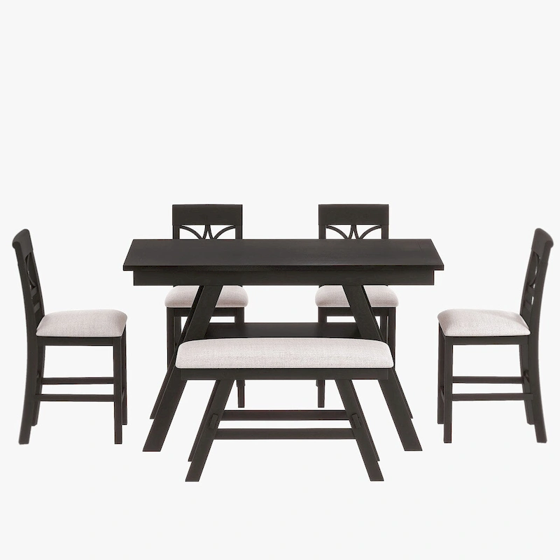 6-Piece Wood Counter Height Kitchen Dining Table Set with Storage Shelf, Bench and 4 Chairs, Espresso and Beige