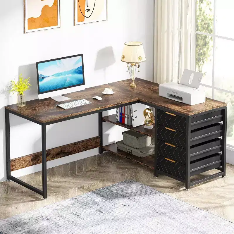 59-Inch L-Shaped Computer Desk with Storage Drawers and Shelves, Reversible Corner Desk for Home Office, Brown